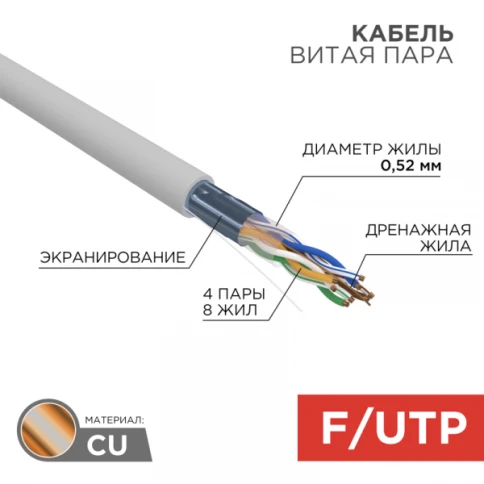 Кабель информационный F/UTP категория 5е 4х2х24AWG(0,52мм) 305м (медь) PVC solid серый REXANT PRO фото 1