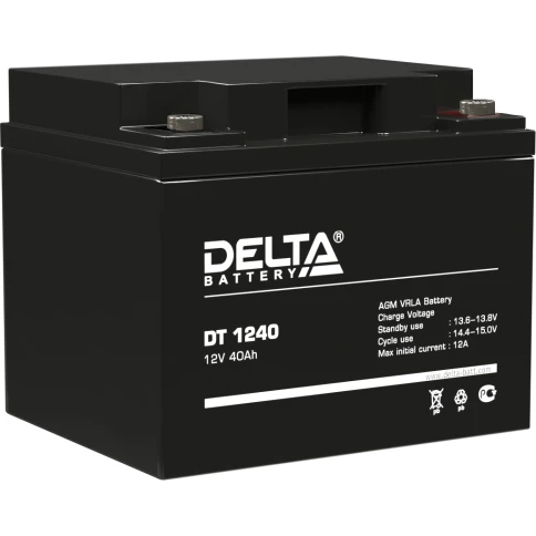 Батарея DELTA серия DT, DT 1240, напряжение 12В, емкость 40Ач (разряд 20 часов),  макс. ток разряда (5 сек.) 530А, макс. ток заряда 12А, свинцово-кислотная типа AGM, клеммы под болт М6, ДxШxВ 196х166х173мм., вес 12.9кг., срок службы 7-10 лет./ Battery DEL фото 1