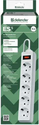 Сетевой фильтр Defender ES 5 5 м, белый, 5 розеток/ Surge Protector De фото 4