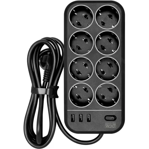 Фильтр-удлинитель PowerCom SP-08 USB03AB 1.8M, 8 розеток, черный, 16А, 4кВт, 175Дж, 3*USB, защитные шторки, защита от КЗ, перегрузки, ВЧ и импульсных помех, кабель 3x1 мм2, ШхГхВ 230х105х45 мм, вес 0.55 кг./ Surge protector PowerCom SP-08 USB03AB 1.8M, 8 фото 1