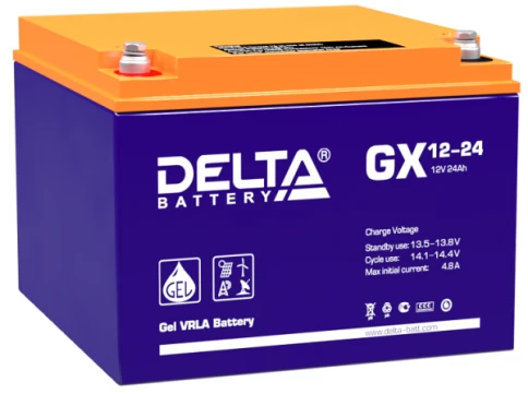 Батарея DELTA серия GX, GX 12-24, напряжение 12В, емкость 24Ач (разряд 20 часов),  макс. ток разряда (5 сек.) 300А, макс. ток заряда 4.76А, свинцово-кислотная типа GEL, клеммы под болт М5, ДxШxВ 166х175х125мм., вес 8.3кг., срок службы 15 лет./ Battery DEL фото 1