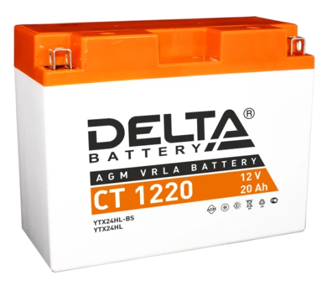 Аккумуляторная батарея для мото-техники/ DELTA серия  CT, CT 1220, напряжение 12В, емкость 20 Ач (разряд 10 часов 10.5 В), пусковой ток: 250А, полярность обратная ( - +),  тип AGM;Pb (свинцово-кислотный), клеммы: BN под болт,  ДxШxВ 204x91x159мм., вес  6, фото 1