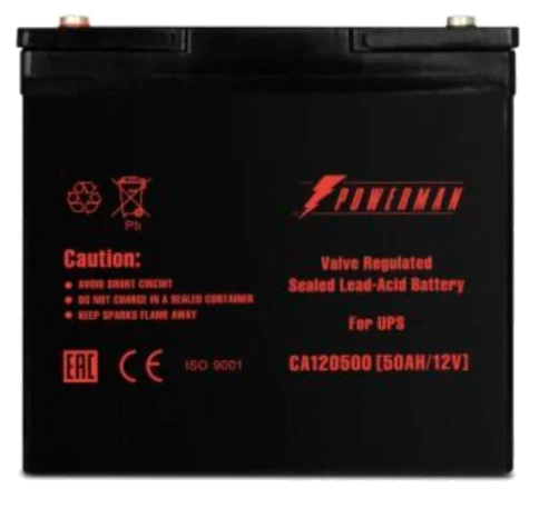 Батарея POWERMAN Battery CA12500, напряжение 12В, емкость 50Ач, макс. ток разряда 500А, макс. ток заряда 15А, свинцово-кислотная типа AGM, тип клемм M1, Д/Ш/В В229/138/208, 16.2 кг./ Battery POWERMAN Battery CA12500, voltage 12V, capacity 50Ah, max. disch фото 1