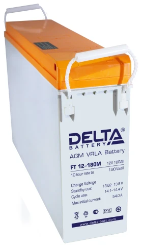 Батарея DELTA серия FT-M, FT 12-180 М, напряжение 12В, емкость 180Ач (разряд 10 часов),  макс. ток разряда (5 сек.) 1050А, макс. ток заряда 54А, свинцово-кислотная типа AGM, клеммы под болт М8, ДxШxВ 546х125х317мм., вес 53кг., срок службы 10-12 лет./ Batt фото 1