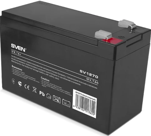 Батарея SVEN SV 1270 (12V 7Ah), напряжение 12В, емкость 7А*ч, макс. ток разряда 105А, макс. ток заряда 2.1А, свинцово-кислотная типа AGM, тип клемм F2, Д/Ш/В 151/65/94 мм, 2.1кг/ Battery SVEN SV 1270 (12V 7Ah), 12V voltage, 7A*h capacity, max. discharging фото 1