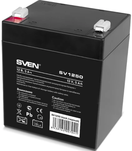 Батарея SVEN SV 1250 (12V 5Ah), напряжение 12В, емкость 5А*ч, макс. ток разряда 80А, макс. ток заряда 1.5А, свинцово-кислотная типа AGM, тип клемм F1/ Battery SVEN SV 1250 (12V 5Ah), 12V voltage, 5A*h capacity, max. discharging rate of 80A, max. charging фото 1