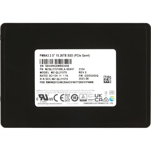 Твердотельный накопитель/ Samsung SSD PM9A3, 15360GB, U.2(2.5" 7mm), NVMe, PCIe 4.0 x4, 3D TLC, R/W 6700/4000MB/s, IOPs 1 100 000/200 000, TBW 28032, DWPD 1 (12 мес.) фото 1