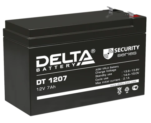 Батарея DELTA серия DT, DT 1207, напряжение 12В, емкость 7Ач (разряд 20 часов),  макс. ток разряда (5 сек.) 108А, макс. ток заряда 2.1А, свинцово-кислотная типа AGM, клеммы F1, ДxШxВ 151х65х95мм., вес 2.05кг., срок службы 5 лет./ Battery DELTA series DT,  фото 1