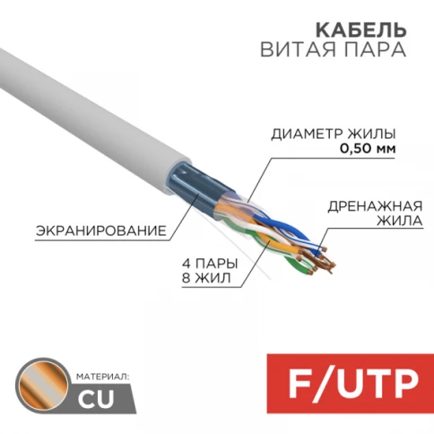 Кабель информационный F/UTP категория 5е 4х2х24AWG(0,50мм) 305м (медь) PVC серый РФ REXANT фото 1