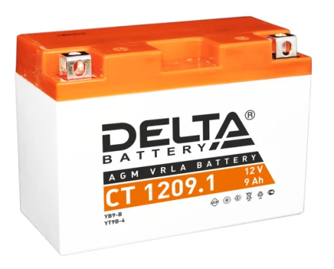 Аккумуляторная батарея для мото-техники/ DELTA серия  CT, CT 1209.1, напряжение 12В, емкость 9 Ач (разряд 10 часов 10.5 В), пусковой ток: 115А, полярность обратная ( - +),  тип AGM;Pb (свинцово-кислотный), клеммы: BN под болт,  ДxШxВ 151x71x107мм., вес  2 фото 1