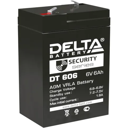 Батарея DELTA серия DT, DT 606, напряжение 6В, емкость 6Ач (разряд 20 часов),  макс. ток разряда (5 сек.) 90А, макс. ток заряда 1.8А, свинцово-кислотная типа AGM, клеммы F1, ДxШxВ 70х48х101мм., вес 0.81кг., срок службы 5 лет./ Battery DELTA series DT, DT фото 1