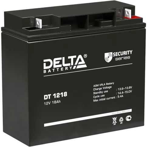 Батарея DELTA серия DT, DT 1218, напряжение 12В, емкость 18Ач (разряд 20 часов),  макс. ток разряда (5 сек.) 250А, макс. ток заряда 5.4А, свинцово-кислотная типа AGM, клеммы под гайку и болт M6, ДxШxВ 181х77х160мм., вес 5.2кг., срок службы 5 лет./ Battery фото 1