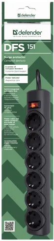 Сетевой фильтр Defender DFS 151 1,8 м, черный, 6 розеток/ Surge Protec фото 2