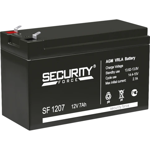 Батарея SECURITY FORCE серия SF, SF 1207, напряжение 12В, емкость 7Ач (разряд 20 часов),  макс. ток разряда (5 сек.) 60А, макс. ток заряда 2.1А, свинцово-кислотная типа AGM, клеммы F1, ДxШxВ 151х65х95мм., вес кг., срок службы 3-5 лет./ Battery SECURITY FO фото 1