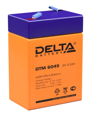 Батарея DELTA серия DTM, DTM 6045, напряжение 6В, емкость 4.5Ач (разряд 20 часов),  макс. ток разряда (5 сек.) 67.5А, макс. ток заряда 1.32А, свинцово-кислотная типа AGM, клеммы F1, ДxШxВ 70х47х101мм., вес 0.78кг., срок службы 6 лет./ Battery DELTA series фото 1