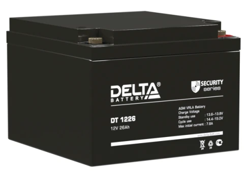 Батарея DELTA серия DT, DT 1226, напряжение 12В, емкость 26Ач (разряд 20 часов),  макс. ток разряда (5 сек.) 390А, макс. ток заряда 7.8А, свинцово-кислотная типа AGM, клеммы под гайку и болт M6, ДxШxВ 175х166х125мм., вес 8кг., срок службы 5 лет./ Battery  фото 1
