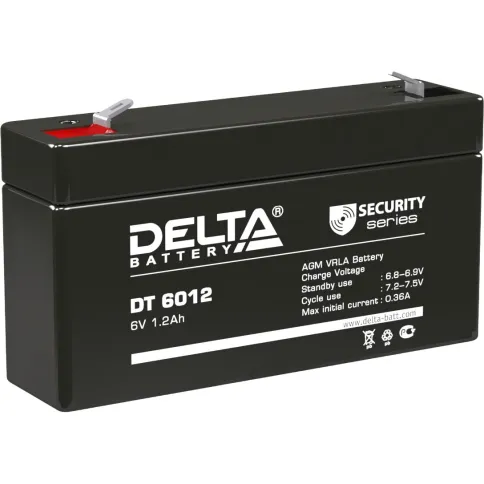 Батарея DELTA серия DT, DT 6012, напряжение 6В, емкость 1.2Ач (разряд 20 часов),  макс. ток разряда (5 сек.) 16.2А, макс. ток заряда 0.36А, свинцово-кислотная типа AGM, клеммы F1, ДxШxВ 97х24х51мм., вес 0.29кг., срок службы 5 лет./ Battery DELTA series DT фото 1