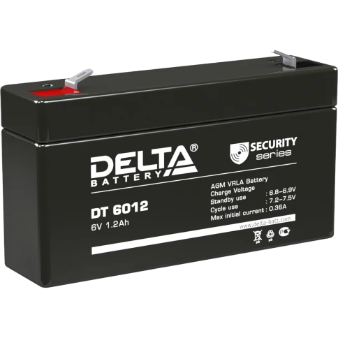 Батарея DELTA серия DT, DT 6012, напряжение 6В, емкость 1.2Ач (разряд 20 часов),  макс. ток разряда (5 сек.) 16.2А, макс. ток заряда 0.36А, свинцово-кислотная типа AGM, клеммы F1, ДxШxВ 97х24х51мм., вес 0.29кг., срок службы 5 лет./ Battery DELTA series DT фото 1