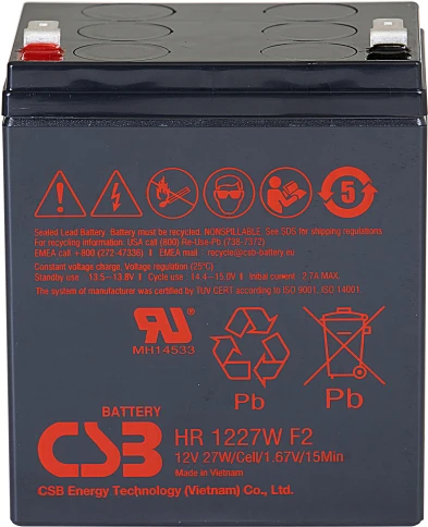 Батарея CSB серия HR, HR1227W F2, напряжение 12В, емкость 6.75Ач (разряд 20 часов), 27 Вт/Эл при 15-мин. разряде до U кон. - 1.67 В/Эл при 25 °С,  макс. ток разряда (5 сек.) 130А, ток короткого замыкания 424А, макс. ток заряда 2.7A, свинцово-кислотная тип фото 1