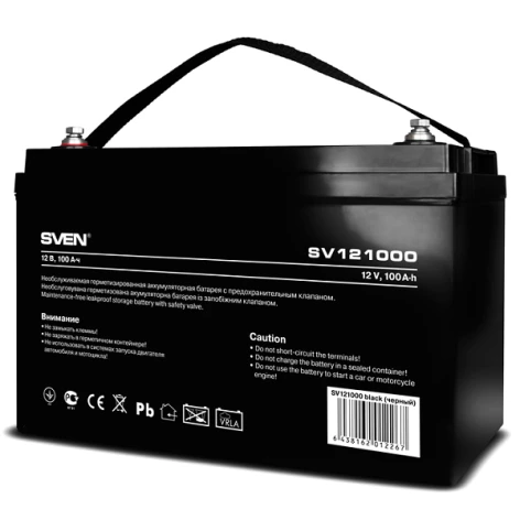 Батарея SVEN SV 121000 (12V 100Ah), напряжение 12В, емкость 100А*ч, макс. ток разряда 1000А, макс. ток заряда 30А, свинцово-кислотная типа AGM, тип клемм B5, Д/Ш/В 307/168/211мм, 30кг/ Battery SVEN SV 121000 (12V 100Ah), 12V voltage, 100A*h capacity, max. фото 1
