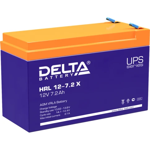 Батарея DELTA серия HRL-X, HRL 12-7,2 X, напряжение 12В, емкость 7.2Ач (разряд 10 часов),  макс. ток разряда (5 сек.) 108А, макс. ток заряда 2.16А, свинцово-кислотная типа AGM, клеммы F2, ДxШxВ 151х65х94мм., вес 2.6кг., срок службы 12 лет./ Battery DELTA фото 1