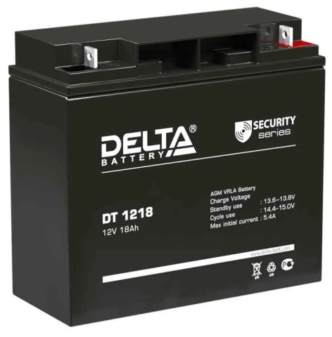 Батарея DELTA серия DT, DT 1218, напряжение 12В, емкость 18Ач (разряд 20 часов),  макс. ток разряда (5 сек.) 250А, макс. ток заряда 5.4А, свинцово-кислотная типа AGM, клеммы под гайку и болт M6, ДxШxВ 181х77х160мм., вес 5.2кг., срок службы 5 лет./ Battery фото 1