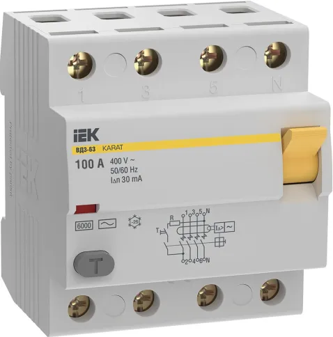 УЗО KARAT ВД3-63 4P 100А 30мА 6кА тип AC IEK фото 1