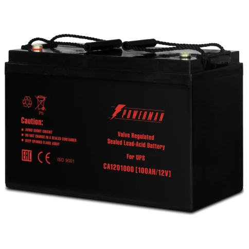 Батарея POWERMAN Battery CA121000, напряжение 12В, емкость 100Ач, макс. ток разряда 800А, макс. ток заряда 30А, свинцово-кислотная типа AGM, тип клемм М2, Д/Ш/В 329/172/215, 27.7 кг./ Battery POWERMAN Battery CA121000, voltage 12V, capacity 100Ah, max. di фото 1