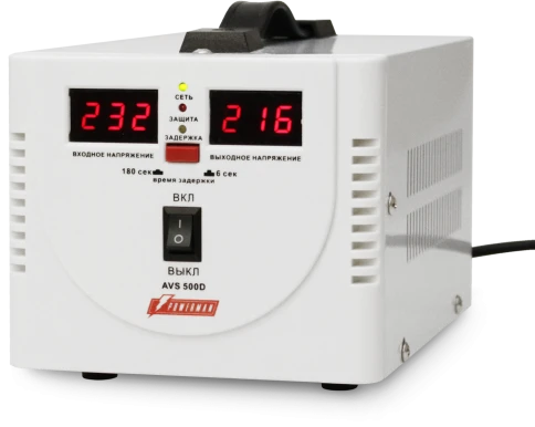 Стабилизатор POWERMAN AVS 500D, ступенчатый регулятор, цифровые индикаторы уровней напряжения, 500ВА, 140-260В, максимальный входной ток 5А, 2 евророзетки, IP-20, напольный,  200мм х 150мм х 140мм, 2,3 кг./ Stabilizer POWERMAN AVS 500D, step-type regulato фото 3