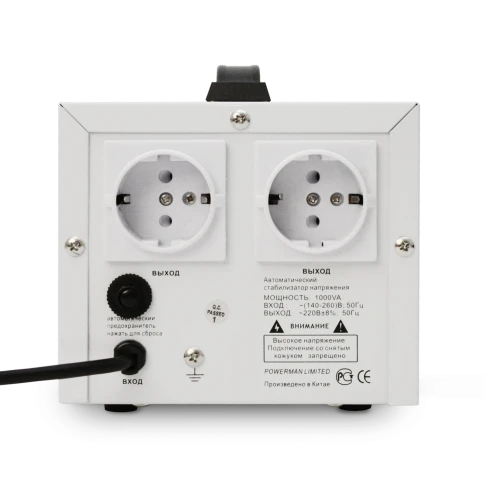 Стабилизатор POWERMAN AVS 1000D, ступенчатый регулятор, цифровые индикаторы уровней напряжения, 1000ВА, 140-260В, максимальный входной ток 7А, 2 евророзетки, IP-20, напольный,  200мм х 150мм х 140мм, 2,3 кг./ Stabilizer POWERMAN AVS 1000D, step-type regul фото 3