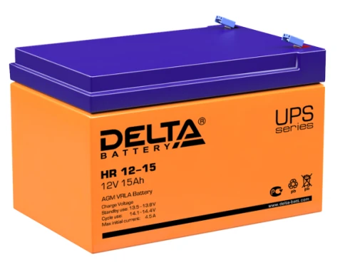 Батарея DELTA серия HR, HR 12-15, напряжение 12В, емкость 15Ач (разряд 20 часов),  макс. ток разряда (5 сек.) 200А, макс. ток заряда 4.5А, свинцово-кислотная типа AGM, клеммы F2, ДxШxВ 151х98х95мм., вес 4.6кг., срок службы 8 лет./ Battery DELTA series HR, фото 1