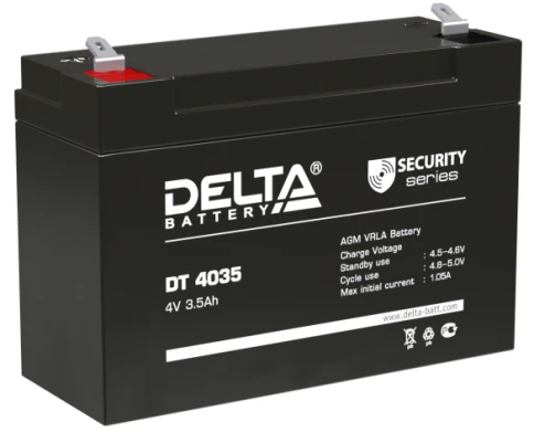 Батарея DELTA серия DT, DT 4035, напряжение 4В, емкость 3.5Ач (разряд 20 часов),  макс. ток разряда (5 сек.) 52.5А, макс. ток заряда 1.05А, свинцово-кислотная типа AGM, клеммы F1, ДxШxВ 90х34х60мм., вес 0.46кг., срок службы 5 лет./ Battery DELTA series DT фото 1