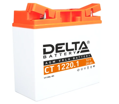 Аккумуляторная батарея для мото-техники/ DELTA серия  CT, CT 1220.1, напряжение 12В, емкость 20 Ач (разряд 10 часов 10.5 В), пусковой ток: 260А, полярность обратная ( - +),  тип AGM;Pb (свинцово-кислотный), клеммы: BN под болт,  ДxШxВ 181x77x167мм., вес фото 1