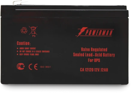 Батарея POWERMAN Battery CA12120, напряжение 12В, емкость 12Ач,макс. ток разряда 180А, макс. ток заряда 3.6А, свинцово-кислотная типа AGM, тип клемм F2, Д/Ш/В 151/98/94, 3.6 кг./ Battery POWERMAN Battery CA12120, voltage 12V, capacity 12Ah, max. discharge фото 1