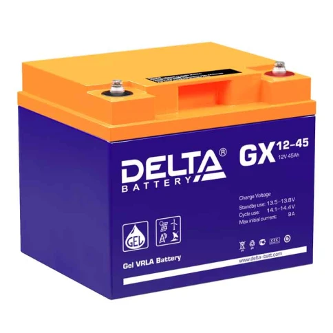 Батарея DELTA серия GX, GX 12-45, напряжение 12В, емкость 45Ач (разряд 20 часов),  макс. ток разряда (5 сек.) 450А, макс. ток заряда 8.9А, свинцово-кислотная типа GEL, клеммы под болт М6, ДxШxВ 197х165х170мм., вес 14.6кг., срок службы 15 лет./ Battery DEL фото 1