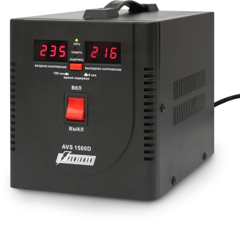 Стабилизатор POWERMAN AVS 1500D, черный, ступенчатый регулятор, цифровые индикаторы уровней напряжения, 1500ВА, 140-260В, максимальный входной ток 10А, 2 евророзетки, IP-20, напольный,  200мм х 160мм х 190мм, 4 кг./ Stabilizer POWERMAN AVS 1500D, black, s фото 2