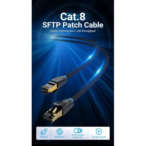 Патч-корд Vention прямой SFTP cat.8 RJ45 - 3м. Черный Тканевая оплетка фото 2