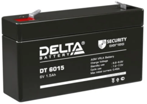 Батарея DELTA серия DT, DT 6015, напряжение 6В, емкость 1.5Ач (разряд 20 часов),  макс. ток разряда (5 сек.) 18А, макс. ток заряда 0.45А, свинцово-кислотная типа AGM, клеммы F1, ДxШxВ 97х24х51мм., вес 0.3кг., срок службы 5 лет./ Battery DELTA series DT, D фото 1