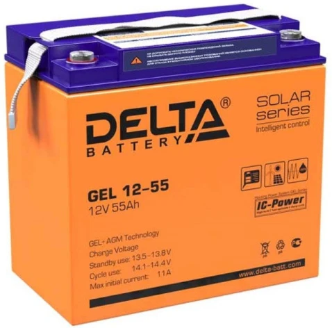 Батарея DELTA серия GEL, GEL 12-55, напряжение 12В, емкость 55Ач (разряд 10 часов),  макс. ток разряда (5 сек.) 550А, макс. ток заряда 11А, свинцово-кислотная типа AGM+GEL, клеммы под болт М6, ДxШxВ 228х137х214мм., вес 16.7кг., LCD, срок службы 10-12 лет. фото 1