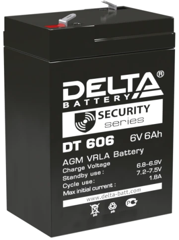Батарея DELTA серия DT, DT 606, напряжение 6В, емкость 6Ач (разряд 20 часов),  макс. ток разряда (5 сек.) 90А, макс. ток заряда 1.8А, свинцово-кислотная типа AGM, клеммы F1, ДxШxВ 70х48х101мм., вес 0.81кг., срок службы 5 лет./ Battery DELTA series DT, DT  фото 1