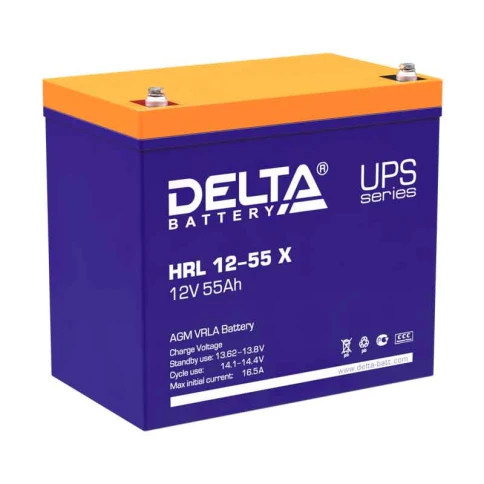 Батарея DELTA серия HRL-X, HRL 12-55 X, напряжение 12В, емкость 55Ач (разряд 10 часов),  макс. ток разряда (5 сек.) 550А, макс. ток заряда 16.5А, свинцово-кислотная типа AGM, клеммы под болт М6, ДxШxВ 229х138х208мм., вес 18.2кг., срок службы 12 лет./ Batt фото 1
