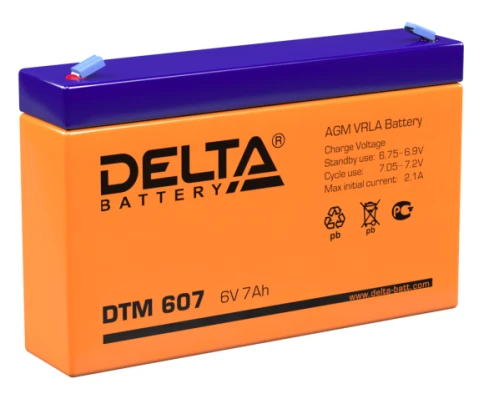 Батарея DELTA серия DTM, DTM 607, напряжение 6В, емкость 7Ач (разряд 20 часов),  макс. ток разряда (5 сек.) 105А, макс. ток заряда 2.04А, свинцово-кислотная типа AGM, клеммы F1, ДxШxВ 151х34х94мм., вес 1.2кг., срок службы 6 лет./ Battery DELTA series DTM, фото 1