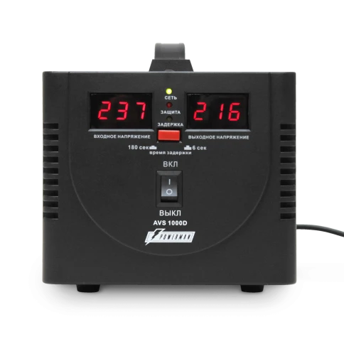 Стабилизатор POWERMAN AVS 1000D, черный, ступенчатый регулятор, цифровые индикаторы уровней напряжения, 1000ВА, 140-260В, максимальный входной ток 7А, 2 евророзетки, IP-20, напольный,  200мм х 150мм х 140мм, 2,3 кг./ Stabilizer POWERMAN AVS 1000D, black, фото 1