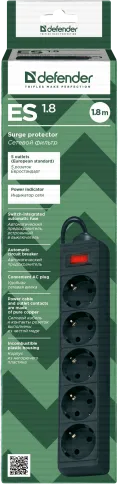 Сетевой фильтр Defender ES 1.8 1,8 м, черный, 5 розеток/ Surge Protect фото 4