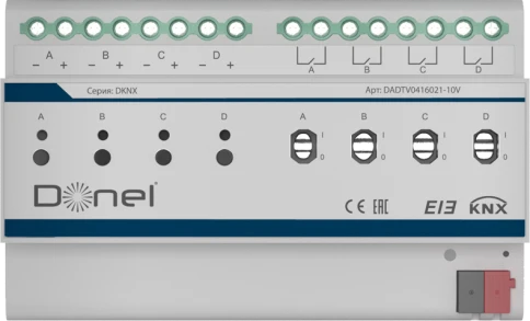 Donel KNX Диммер 1-10V , 4-канальный, 16A, Пассивный режим DC 0/1-10 В фото 1