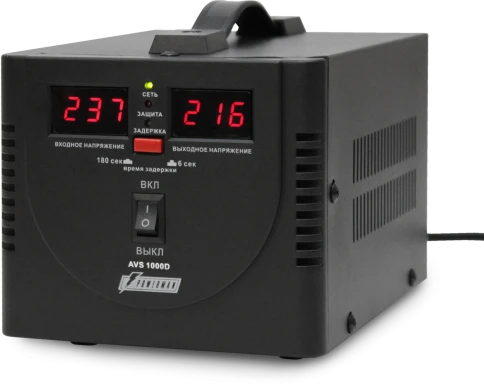 Стабилизатор POWERMAN AVS 1000D, черный, ступенчатый регулятор, цифровые индикаторы уровней напряжения, 1000ВА, 140-260В, максимальный входной ток 7А, 2 евророзетки, IP-20, напольный,  200мм х 150мм х 140мм, 2,3 кг./ Stabilizer POWERMAN AVS 1000D, black, фото 2