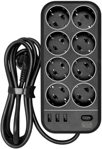 Фильтр-удлинитель PowerCom SP-08 USB03AB 3.0M, 8 розеток, черный, 16А, 4кВт, 175Дж, 3*USB, защитные шторки, защита от КЗ, перегрузки, ВЧ и импульсных помех, кабель 3x1 мм2, ШхГхВ 230х105х45 мм, вес 0.68 кг./ Surge protector PowerCom SP-08 USB03AB 3.0M, 8 фото 1
