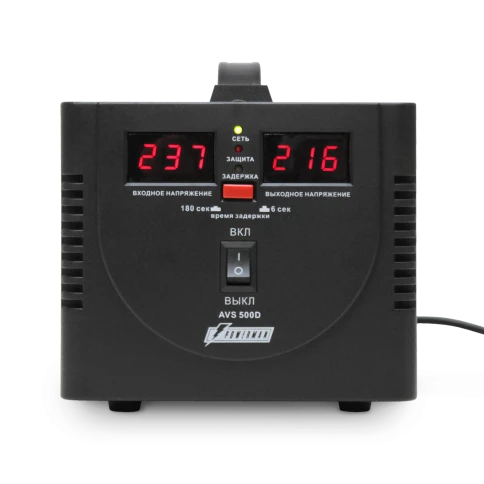 Стабилизатор POWERMAN AVS 500D, черный, ступенчатый регулятор, цифровые индикаторы уровней напряжения, 500ВА, 140-260В, максимальный входной ток 5А, 2 евророзетки, IP-20, напольный,  200мм х 150мм х 140мм, 2,3 кг./ Stabilizer POWERMAN AVS 500D, black, ste фото 1
