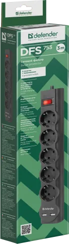 Сетевой фильтр Defender DFS 753 3,0 м, 5 розеток, 2xUSB, 2.1A фото 5