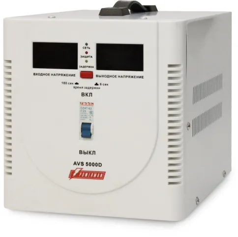 Стабилизатор POWERMAN AVS 5000D, ступенчатый регулятор, цифровые индикаторы уровней напряжения, 5000ВА, 140-260В, максимальный входной ток 24А, клеммная колодка, IP-20, напольный,  280мм х 200мм х 225мм, 8.6 кг./ Stabilizer POWERMAN AVS 5000D, step-type r фото 2